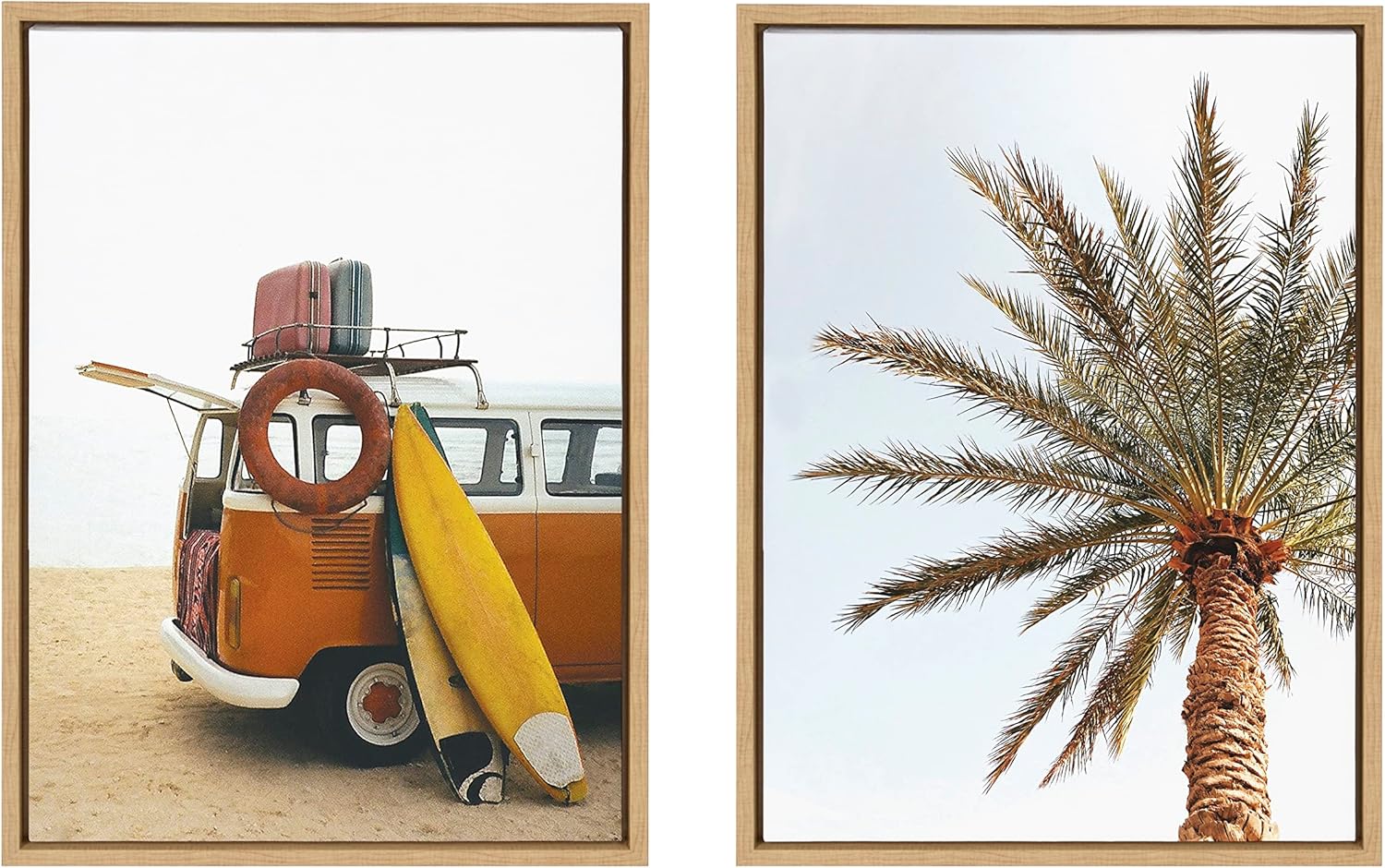 Kate and Laurel Sylvie Surfboard Beach Van and One Palm Tree in Paradise Framed Canvas Wall Art Set by The Creative Bunch Studio, 2 Piece Set 18x24 Natural, Tropical Surfing Wall Décor