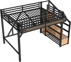 Bellemave Full Loft Beds with Storage Beside Shelves and Wardrobe, Metal Loft Bed with LED Lights and USB Ports, Heavy-Duty Loft Bed Frame for Teens, Adults, Noise-Free & Space-Saving, Black+Natural