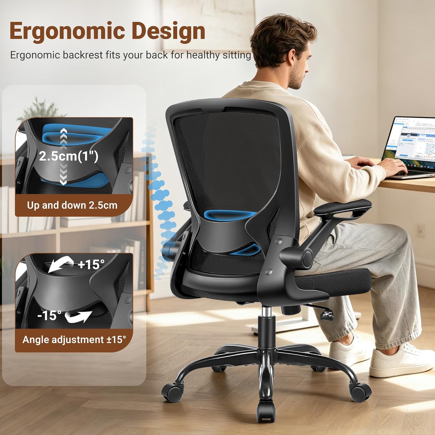 BESTFAIR Ergonomic Office Chair, Mesh Computer Desk Chair with Lumbar Support, Swivel Chair with Flip-up Arms and Adjustable Height, Black