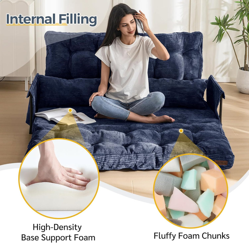 MAXYOYO Adjustable Floor Sofa Couch with 2 Pillows, Multi-Functional Bean Bag Bed, 5-Position Foldable Lazy Sofa Sleeper Bed with Armrest, Versatile Floor Seating for Reading, Navy, Double