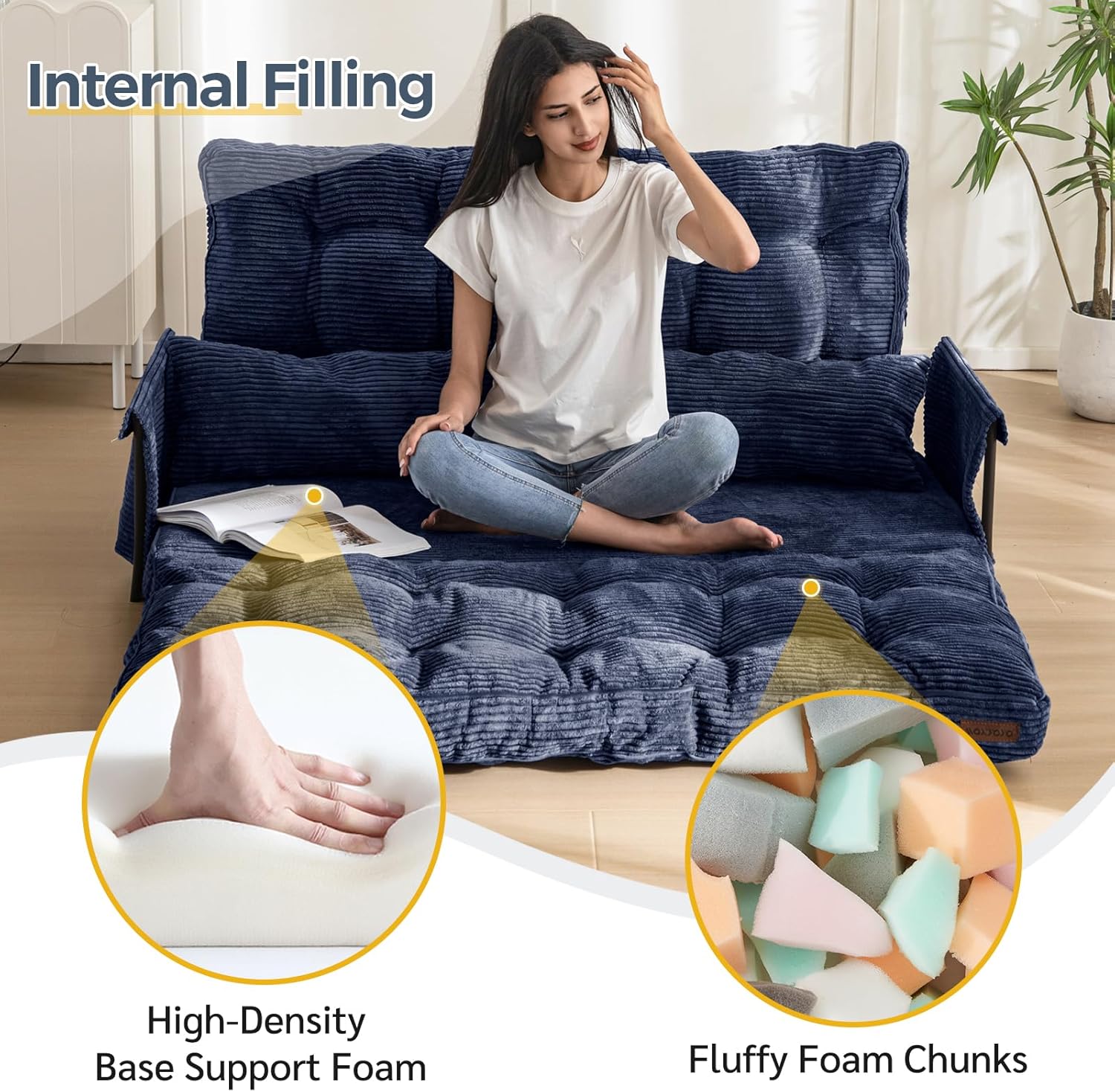 MAXYOYO Adjustable Floor Sofa Couch with 2 Pillows, Multi-Functional Bean Bag Bed, 5-Position Foldable Lazy Sofa Sleeper Bed with Armrest, Versatile Floor Seating for Reading, Navy, Double