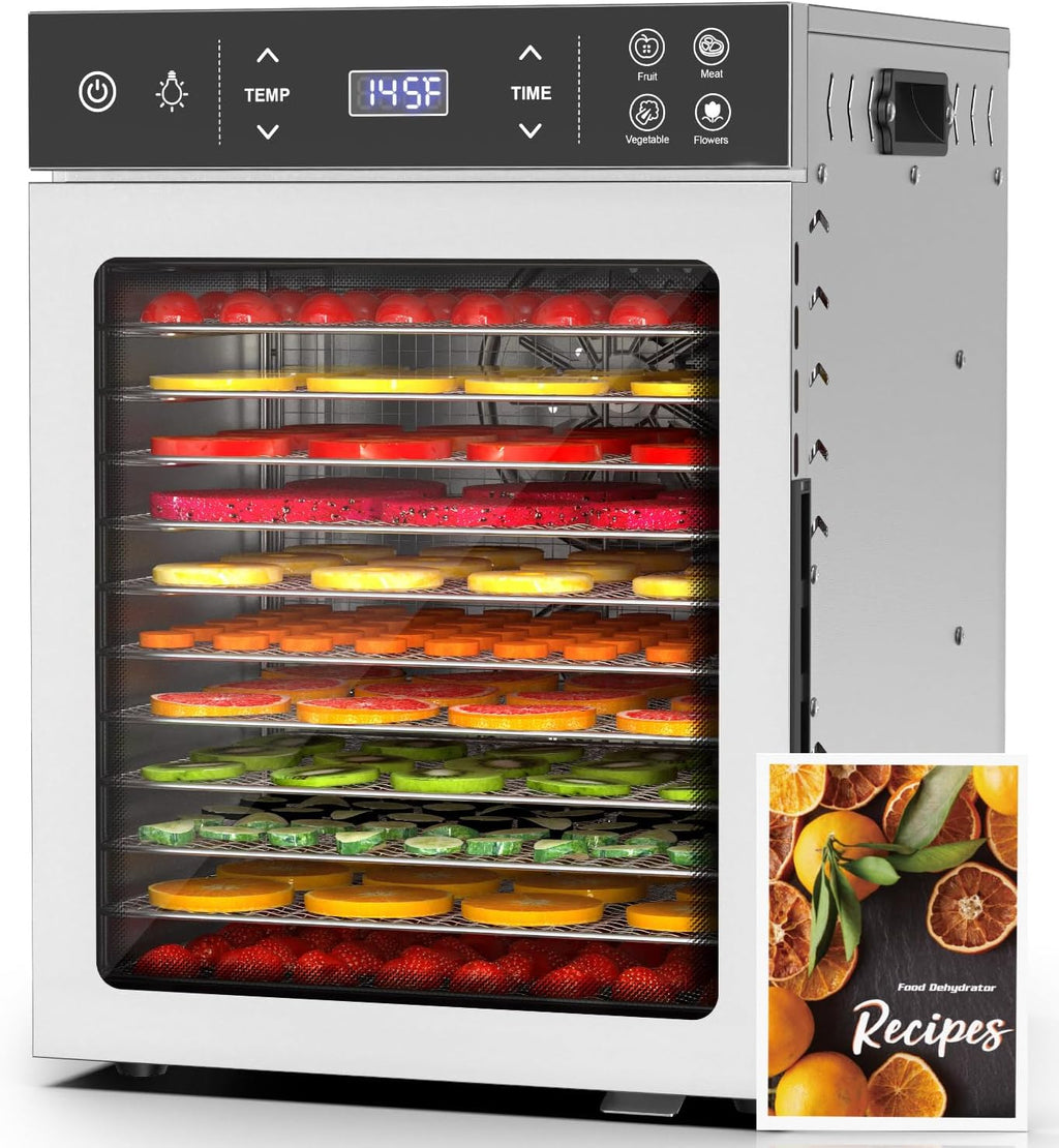 HOPERAN Food Dehydrator - 12 Stainless Steel Trays Dehydrators, 800W Electric Dehydrator Machine with 4 Presets, Digital Timer & Temperature Control for Herb, Dog Treats,Meats & Veggies (12 Trays)