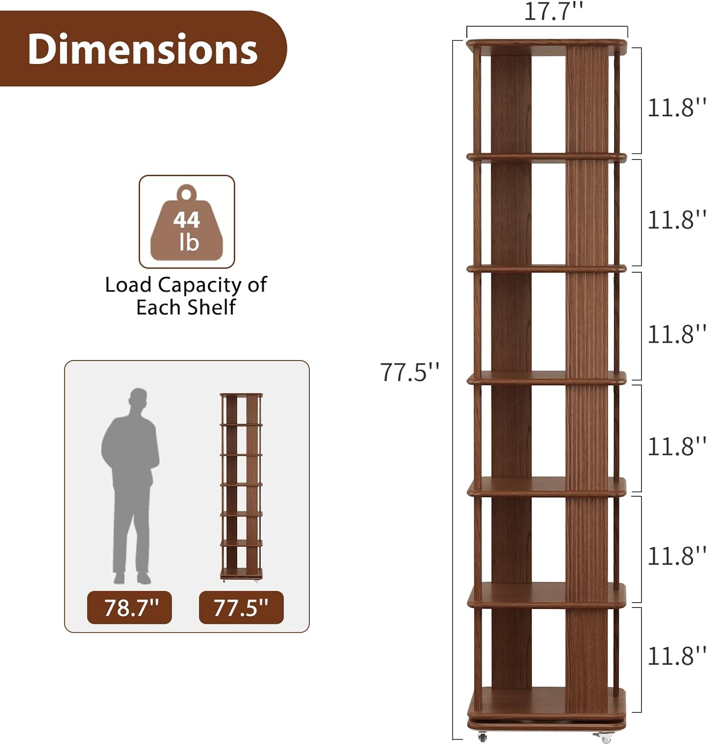 Solid Wood Rotating Bookshelf, 6-Tier Rolling Bookcase .360 Degree Revolving Bookshelf .Spinning Bookshelf Tower for Small Spaces, Bedroom .Office .Living Room .Classroom (Walnut)