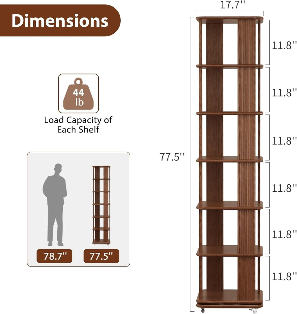 Solid Wood Rotating Bookshelf, 6-Tier Rolling Bookcase .360 Degree Revolving Bookshelf .Spinning Bookshelf Tower for Small Spaces, Bedroom .Office .Living Room .Classroom (Walnut)