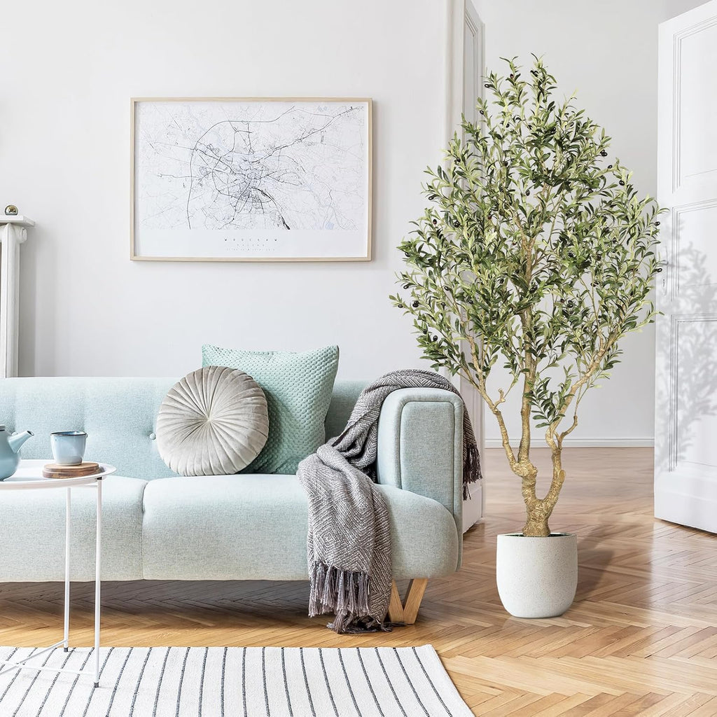Olive Trees Artificial Indoor 7ft – Faux Olive Tree 7 Feet with Natural Looking Trunk, Realistic Leaves and Lifelike Fruits, Fake Olive Tree for Home Office Living Room Decor