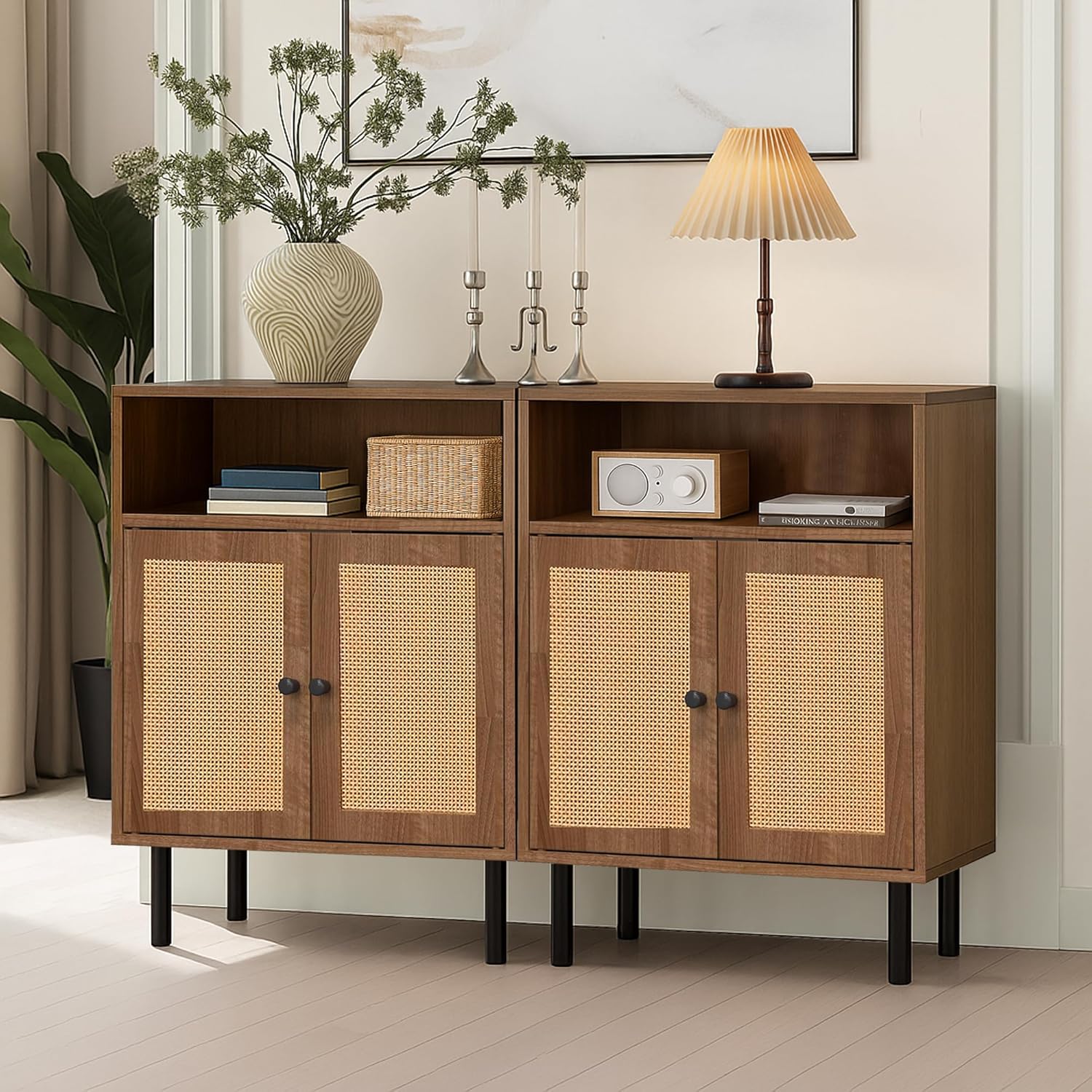 Rattan Storage Cabinet, Boho Accent Cabinet with Double Doors, Small Freestanding Sideboard for Hallway, Laundry Room,Kitchen, Dining Room, Entryway (Walnut)