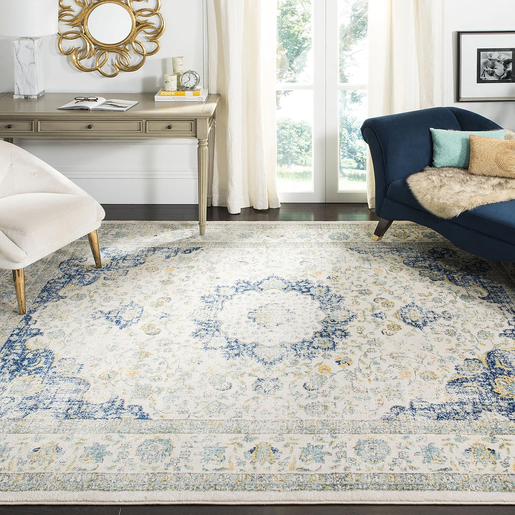 SAFAVIEH Area Rug 9x12 - Evoke Collection - Large - Ivory & Blue, Shabby Chic Oriental Medallion Design, Non-Shedding & Easy to Clean, Ideal for Living Room, Bedroom, Dining Space (EVK220C)