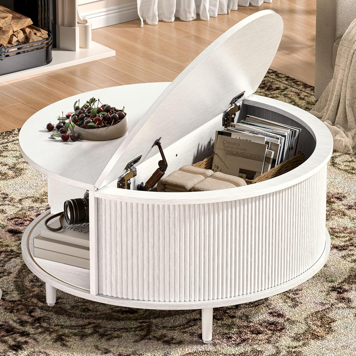 Round Coffee Table, 31.5" Fluted Center Table with Storage, Lift-Top Coffee Table with Adjustable Footpads, Sliding Door, Mid-Century Modern Center Table for Living Room, Small Space (Pure White)