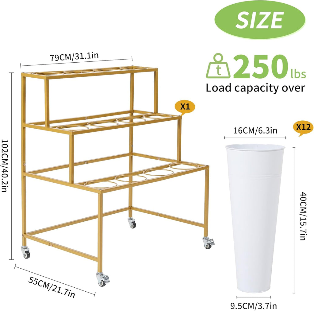 Flower Cart Display Stand  3 Layers Metal Flower Bar Stand with 360° Swivel Wheels and Brake  Flower Display stand with Iron Buckets  Durable than Plastic Buckets  Flower Holder for Florist or Wedding