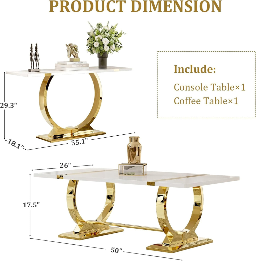 Asday 2 Pieces Modern Living Room Table Set, Wood Coffee Table and Console Table with U-Shape Golden Metal Frame, White and Gold