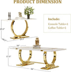 Asday 2 Pieces Modern Living Room Table Set, Wood Coffee Table and Console Table with U-Shape Golden Metal Frame, White and Gold