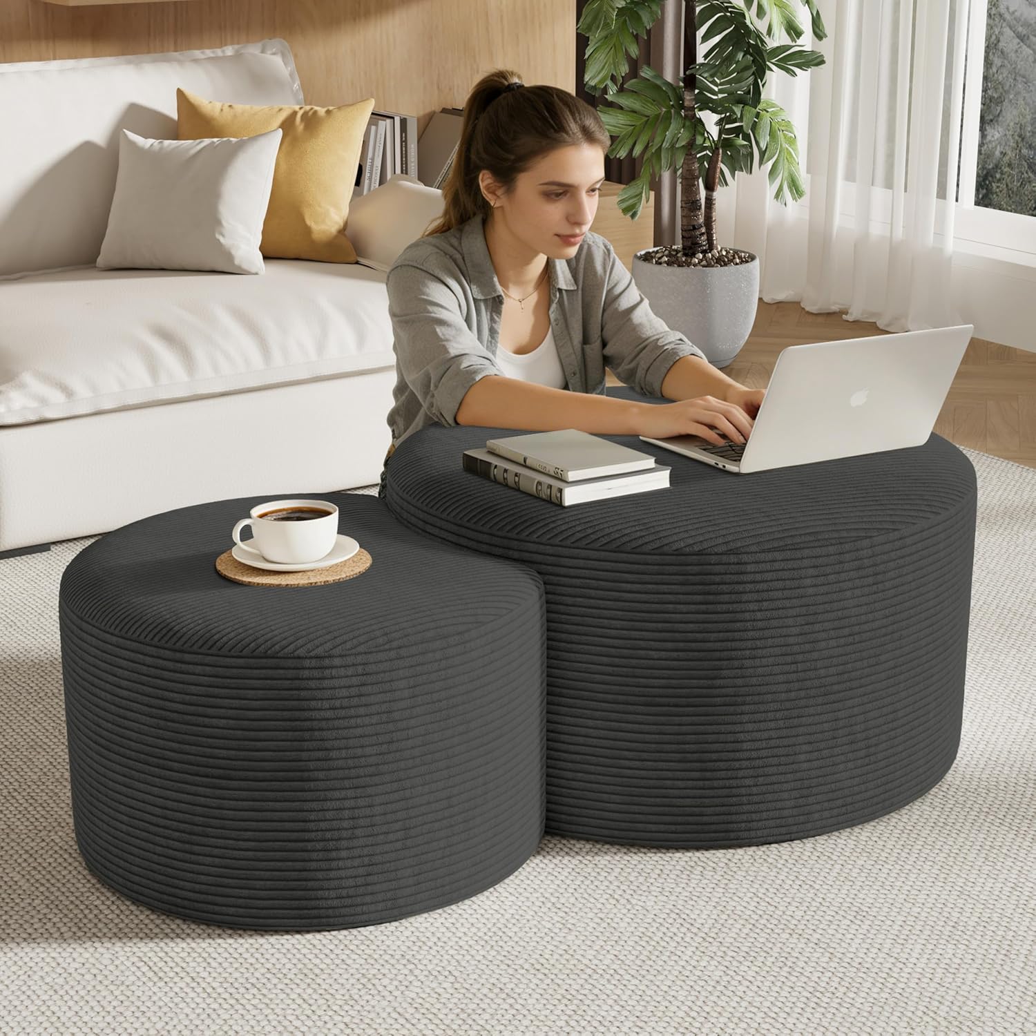 Round Nesting Coffee Table Set of 2,Upholstered Foam Ottoman Footrest Side Table Set,Modern Flannel Circle Coffee Table No Assembly for Living Room Entryway Bedroom,Grey