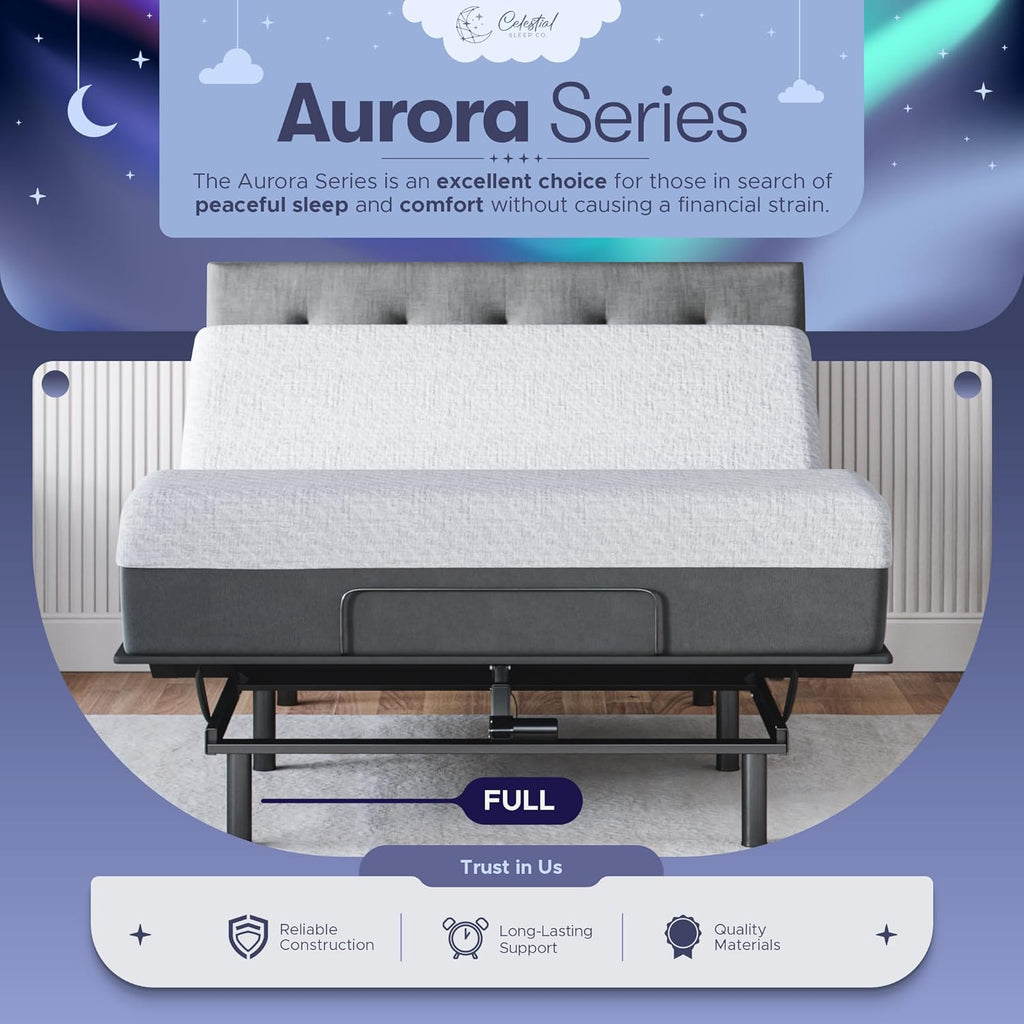 Celestial Aurora Adjustable Bed Base (Frame) + 8 inch Gel Memory Foam Mattress (Firm), Easy Assembly, Head and Foot Lift, Zero Gravity, Memory Positions, CertiPUR-US Bed - Full