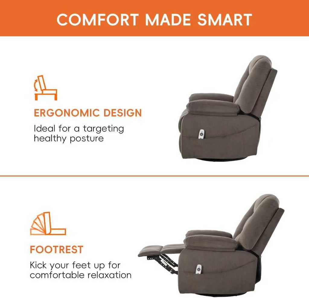 Power Swivel Rocker Recliner with Massage and Heat, USB and Type-C Port, Infinite Position, Electric Glider Rocking Chairs Living Room, Soft Fabric Reclining Sofa Chair (Velvet Brown)