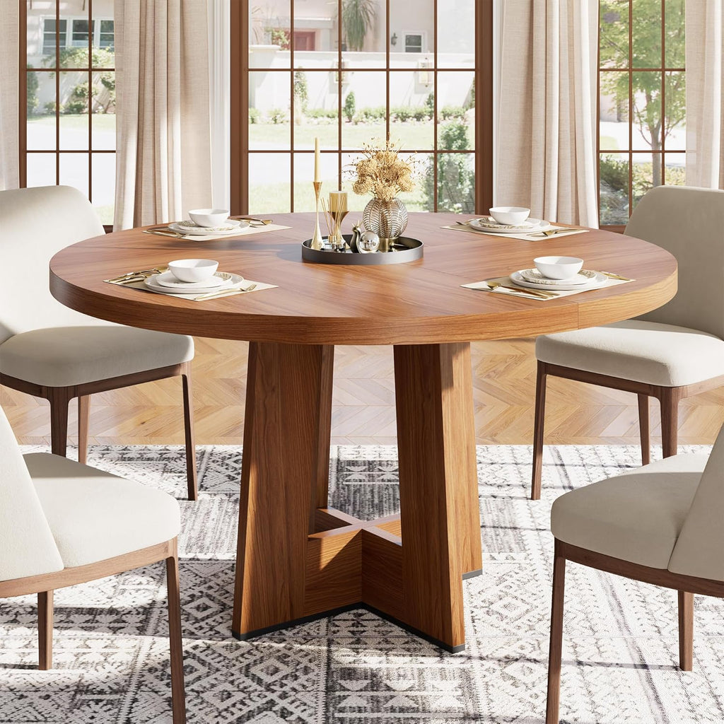 Garvee 47" Round Dining Table for 4-6 People - Circle Kitchen Dinner Table with Sturdy Pedestal Base, Space Saving Dinning Room Furniture for Living Room, Kitchen, Apartment, Light Walnut
