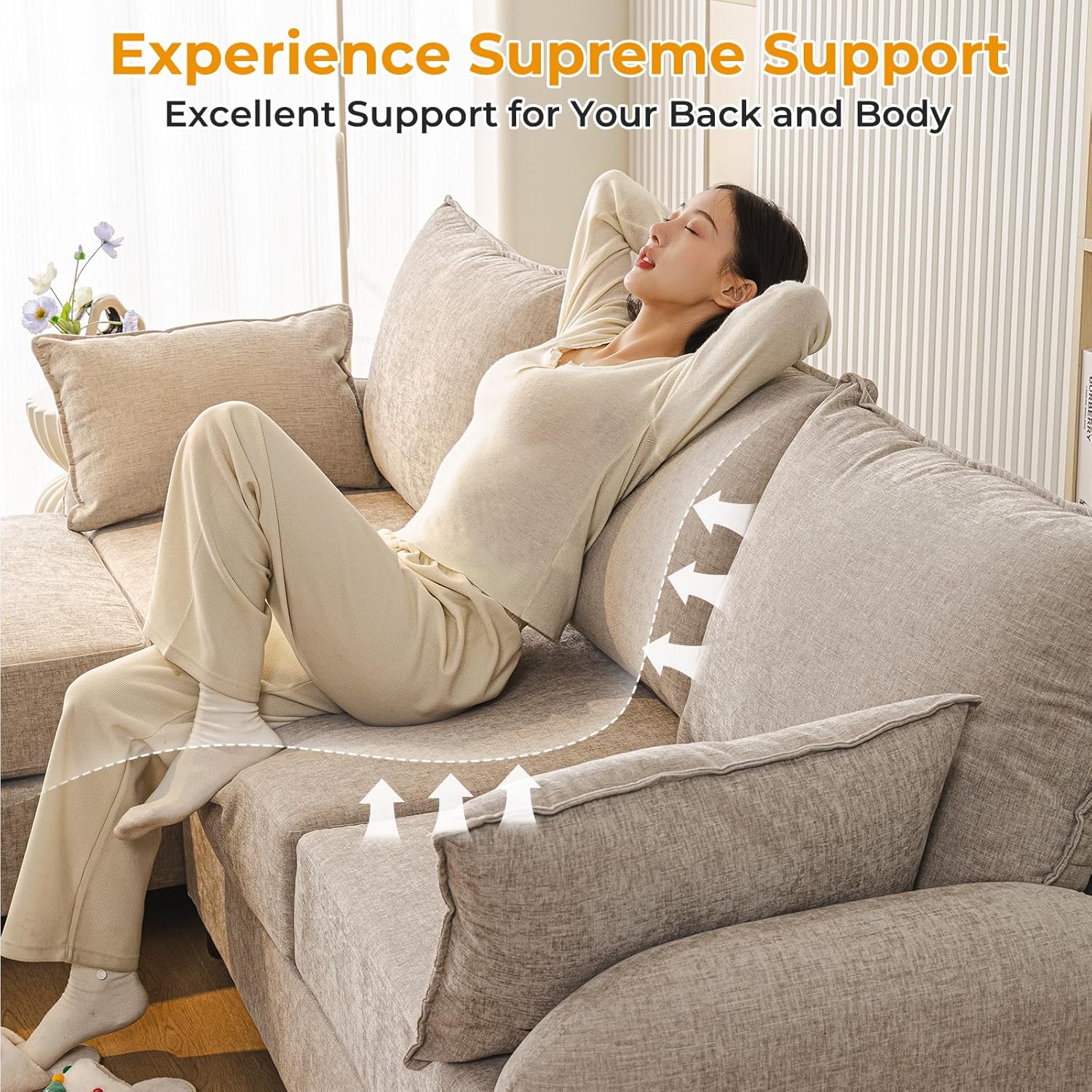 86'' Sectional Couches, L Shaped Couch with Movable Chaise Lounge,Comfy 3 Seats Sofa with Thick Cushion,Wood Legs,2 Throw Pillows,Sectional for Living Room,Bedroom,Apartment,Chenille,Khaki