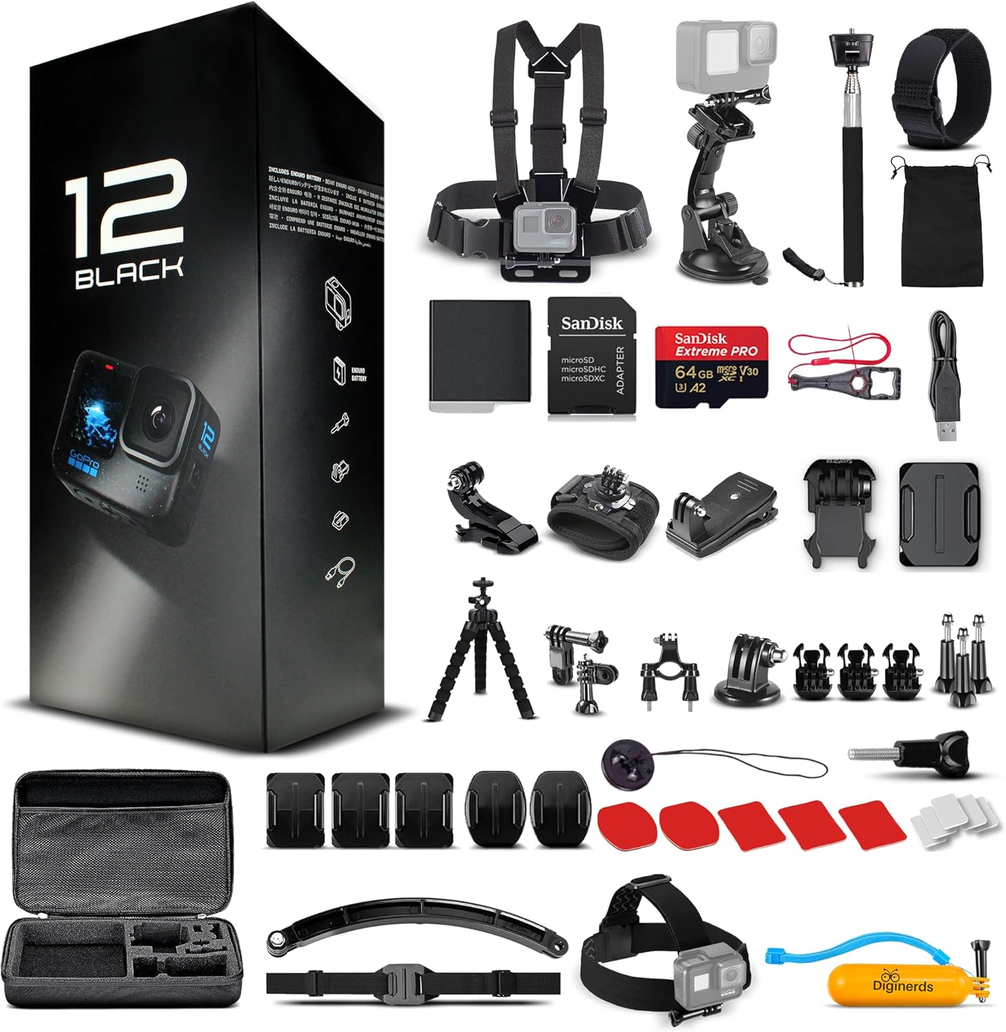 GoPro HERO12 (Hero 12) Black - Waterproof Action Camera with 5.3K HDR Video  27MP Photos  1/1.9" Image Sensor  Live Streaming  Webcam  Stabilization + 64GB Card & 50 Piece Accessory Kit - Bundle