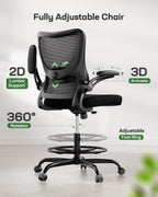 Marsail Drafting Chair, Tall Office Chair with 2D Lumbar Support, Standing Desk Chair with Padded Flip-Up Armrests & Adjustable Footrest Ring, Black