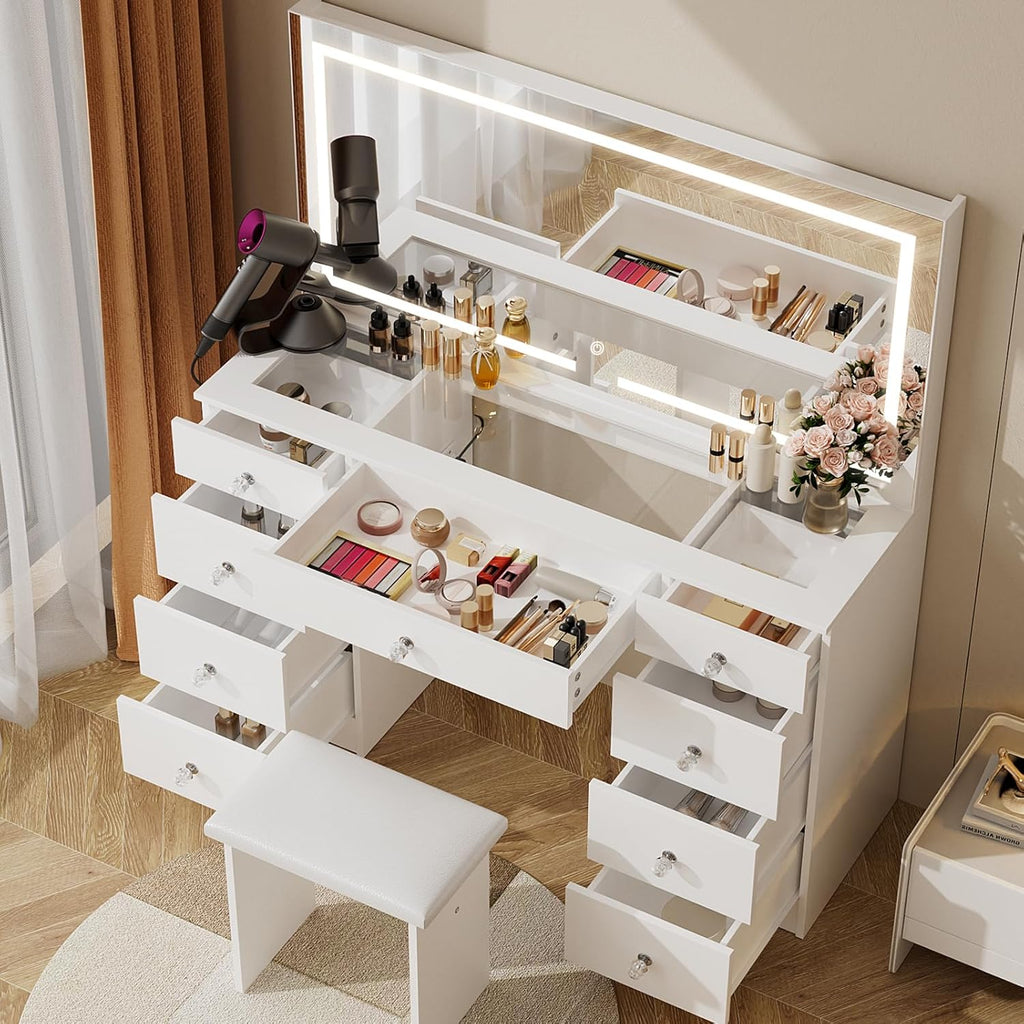 VOWNER Vanity with Lighted Mirror - 47" Glass Top Makeup Vanity Desk with 9 Drawers and Power Outlet, 3 Color Lighting Modes Adjustable Brightness, Makeup Desk with Cushioned Stool for Bedroom, White