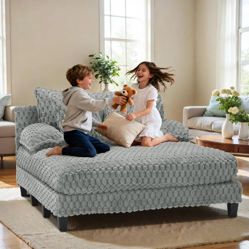 Faux Fur Chaise Lounge Indoor with Adjustable Backrest, 59 Inches Single Sleeper Sofa Chair with 3 Lumbar Pillows, Upholstered Oversized Lounge Chair for Living Room, Bedroom, Office