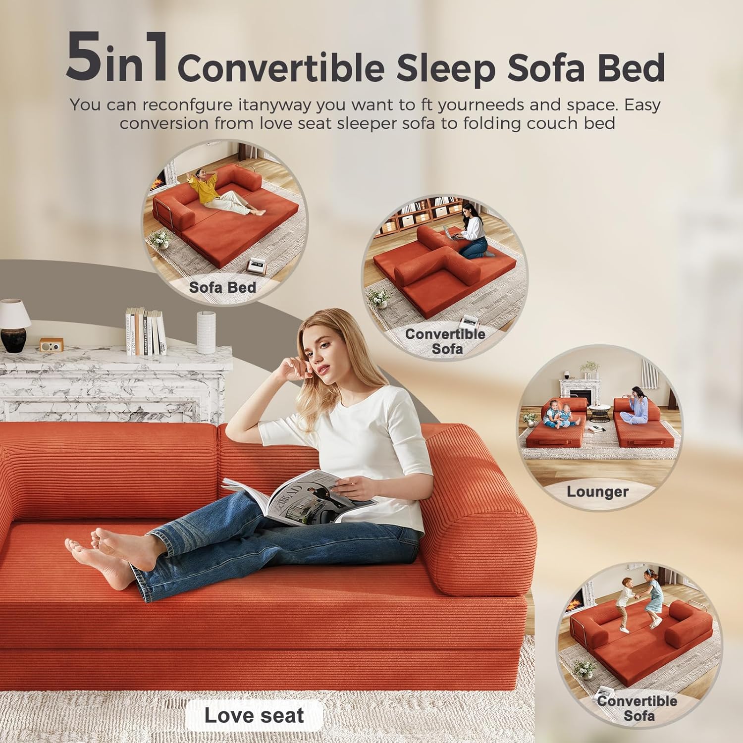 Folding Sofa Bed, Convertible Sleeper Couch, 78 Inch Oversized Corduroy Upholstered Boneless Couch, Loveseat Sleeper with Pull Out Bed, Floor Sofa Modular Futon Couch for Living Room Bedroom