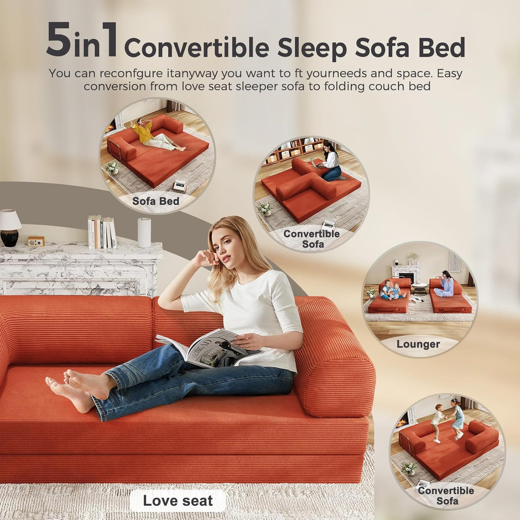 Folding Sofa Bed, Convertible Sleeper Couch, 78 Inch Oversized Corduroy Upholstered Boneless Couch, Loveseat Sleeper with Pull Out Bed, Floor Sofa Modular Futon Couch for Living Room Bedroom