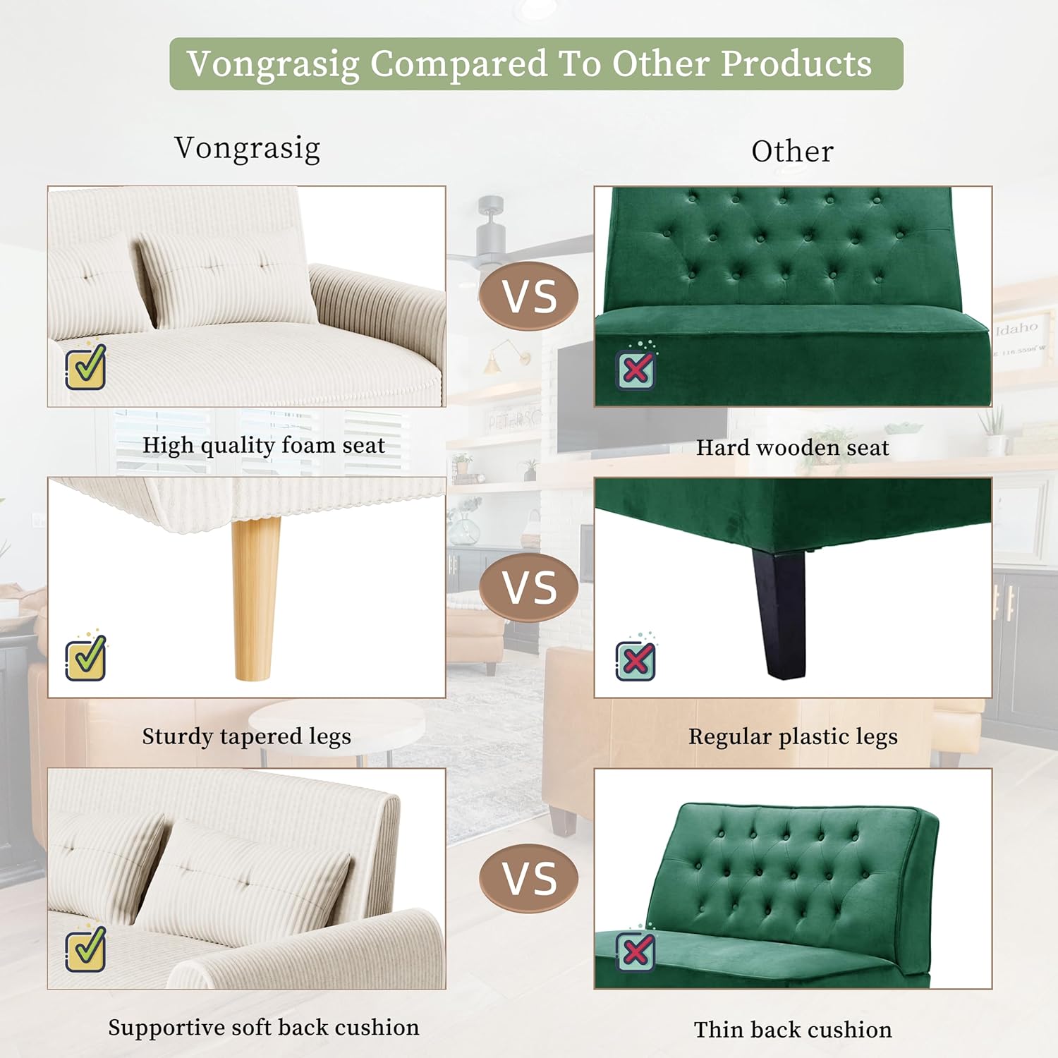 Vongrasig 48" Small Modern Loveseat Sofa, Mid Century Soft Corduroy Fabric 3-Seat Sofa Couch Tufted with Back Cushions and Tapered Legs for Living Room, Bedroom and Small Space, White