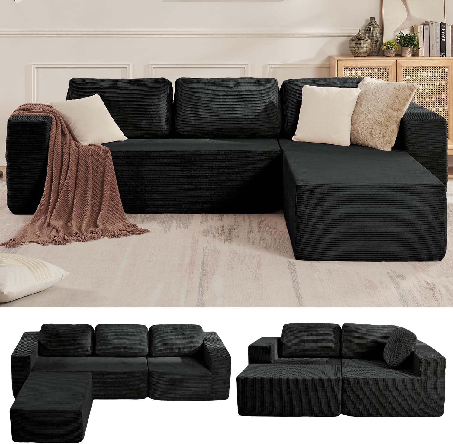 106" Cloud Sectional Couch, Left/Right Facing Convertible Sofa with Deep Seat, L-Shape Modular Upholstered Foam Couch for Living Room Bedroom, No Assembly Required (Corduroy Fabric, Black)