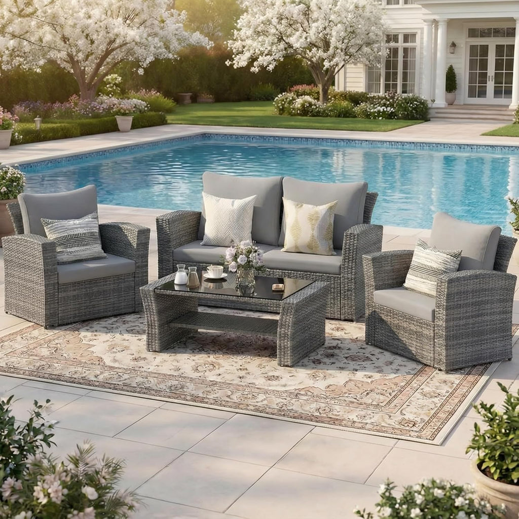 Wisteria Lane 4 Piece Patio Furniture Set  Wicker Outdoor Patio Conversation Furniture Set  All Weather Outdoor Patio Sofa with Cushion and Glass Table  Ash Gray