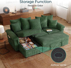 LINSY HOME 90.5'' Sectional Sleeper Sofa with Pull Out Couch Bed Modular (Green, 90.5'') | USB Charging, Pillow-style Armrest, Multiple Cushions, Storage Chaise, Corduroy Fabric