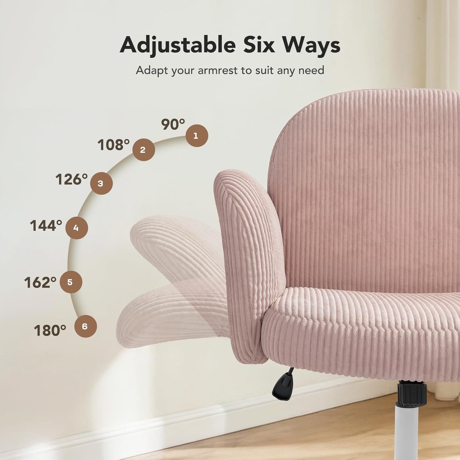 HUANUO Vanity Chair with 6-Position Adjustable Armrests, Criss Cross Chair with Wide Cushion, Soft Corduroy Fabric, 90°-105° Recline, Pet-Friendly, Perfect for Makeup Bedroom, Home Office, Pink