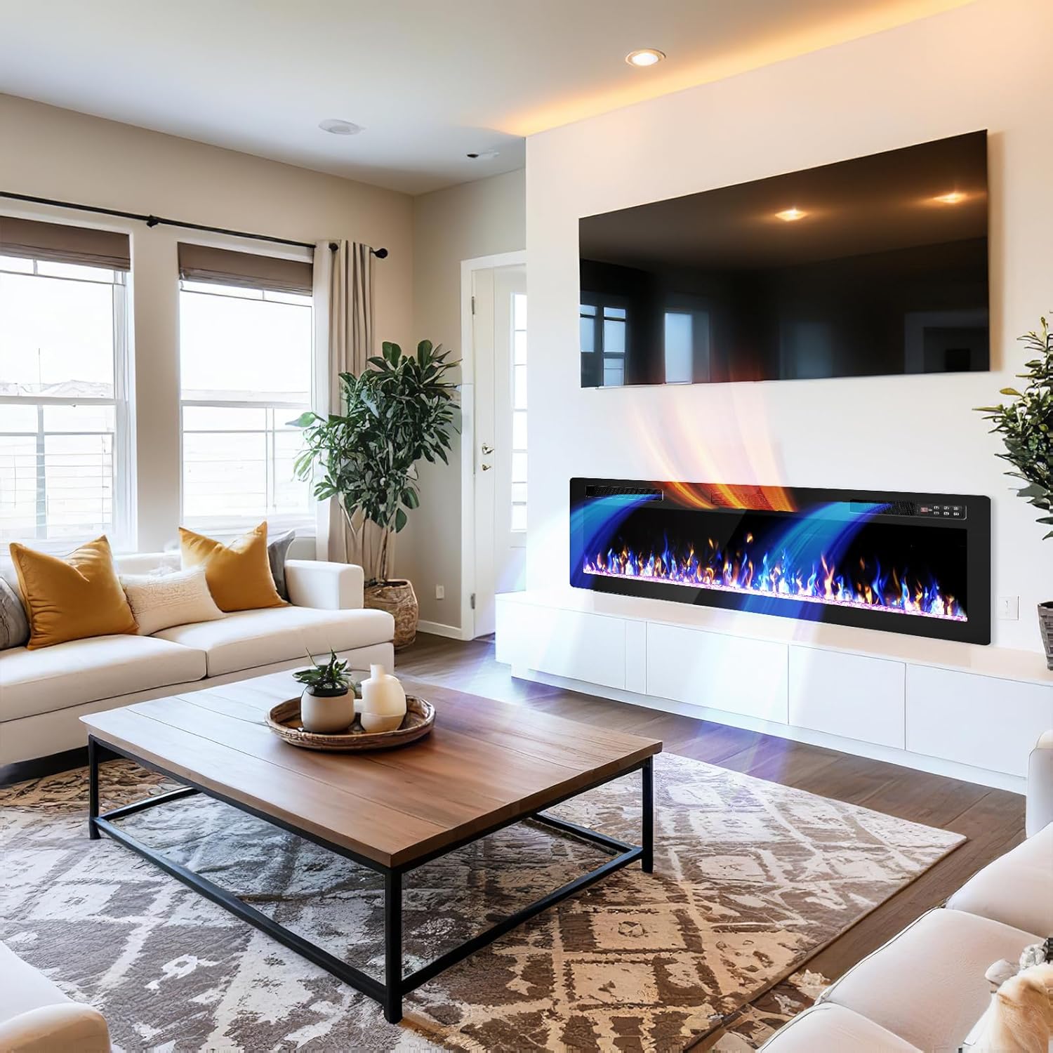 72 Inch Electric Fireplace, Ultra-Thin Fire Places Electric Fireplace Inserts Recessed and Wall Mounted with Remote Control & Touch Screen, 750W/1500W Fireplace Electric Heater with Timer, Multi-Flame