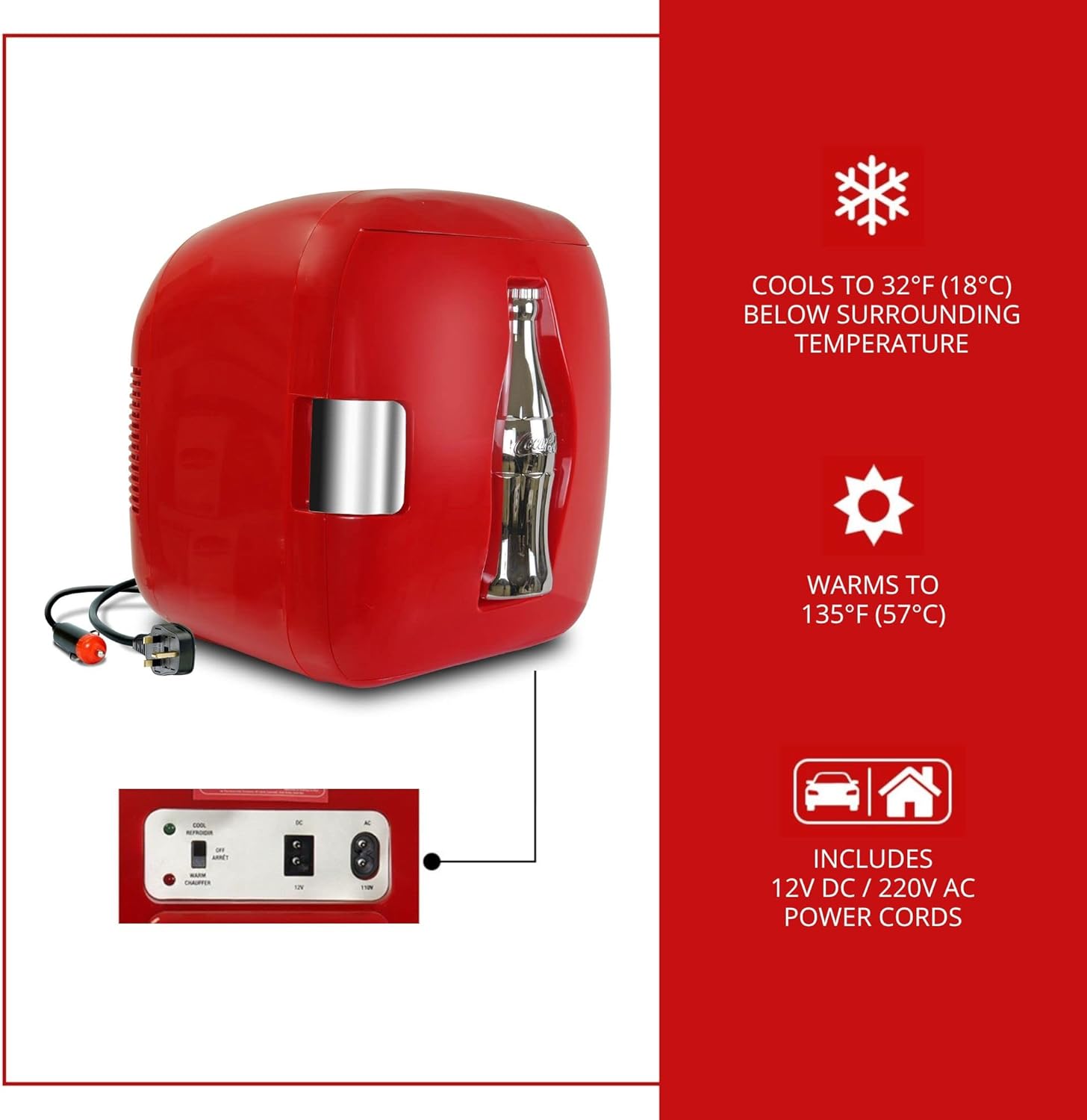 Coca-Cola Heritage Portable 12 Can Thermoelectric Mini Fridge Cooler Warmer 7.9 L/ 8.3 Quarts Capacity, 12V DC/110V AC for home, dorm, office, beverages, snacks, skincare, cosmetics, medication
