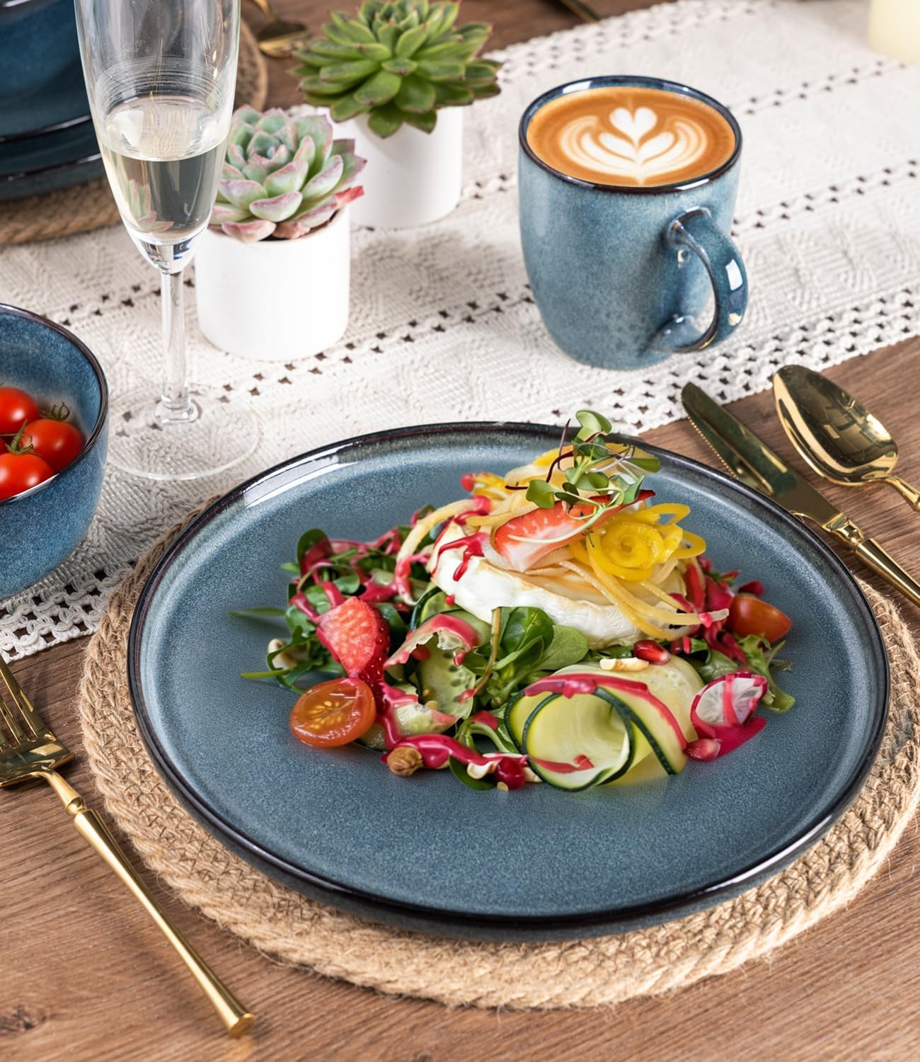 GBHOME Dinnerware Sets for 4, 12 Pieces Stoneware Plates and Bowls Sets, Scratch Resistant Ceramic Dishes, Dishwasher & Microwave Safe, Reactive Glaze-Blue Horizon