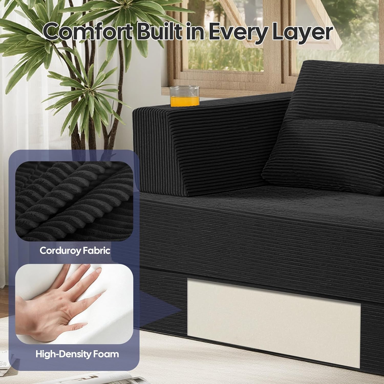 COMAX Futon Sofa Bed Queen, 79" Convertible Sofa Bed Couches for Living Room, 4 in 1 Folding Boneless Sleeper Corduroy Couch Loveseat Foam In a Box, Comfy Foldable Lounge Fold Out Floor Mattress Black