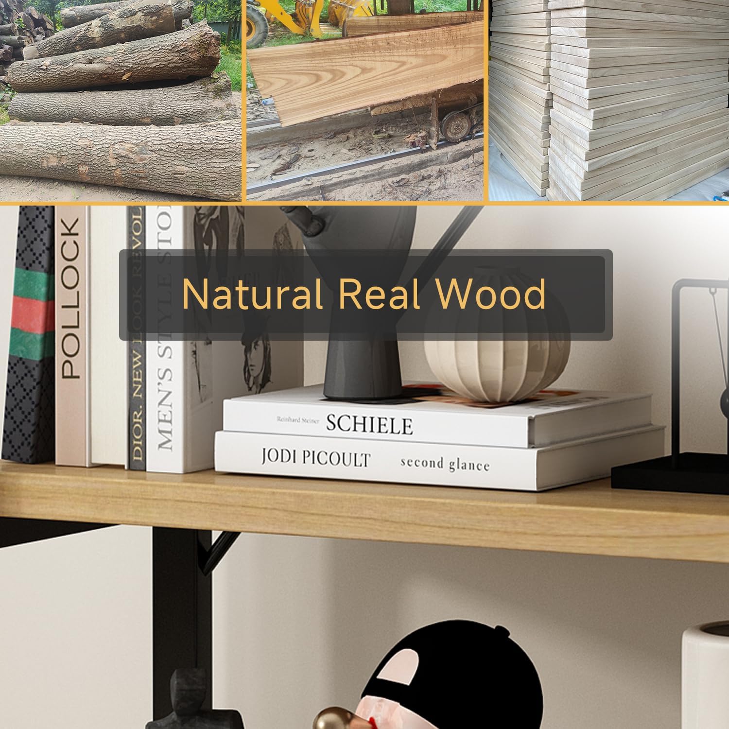 Real Solid Wood Bookshelf Shelves Rustic Vintage Industrial Etagere Bookshelf, Metal & Timber Free Vintage Bookcase, (Genuine Timber) (5-Tiers-Natural Finish)