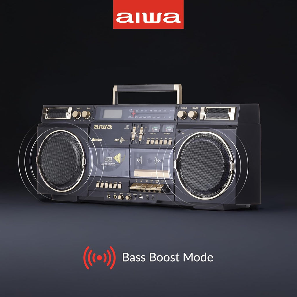 aiwa Retro Boombox BackTrack CD Player with Cassette Recording  Bluetooth 5.0  FM/AM Radio  USB/SD/AUX Inputs  VU Meters  LCD Display  Dual 40W Speakers (Black and Gold)