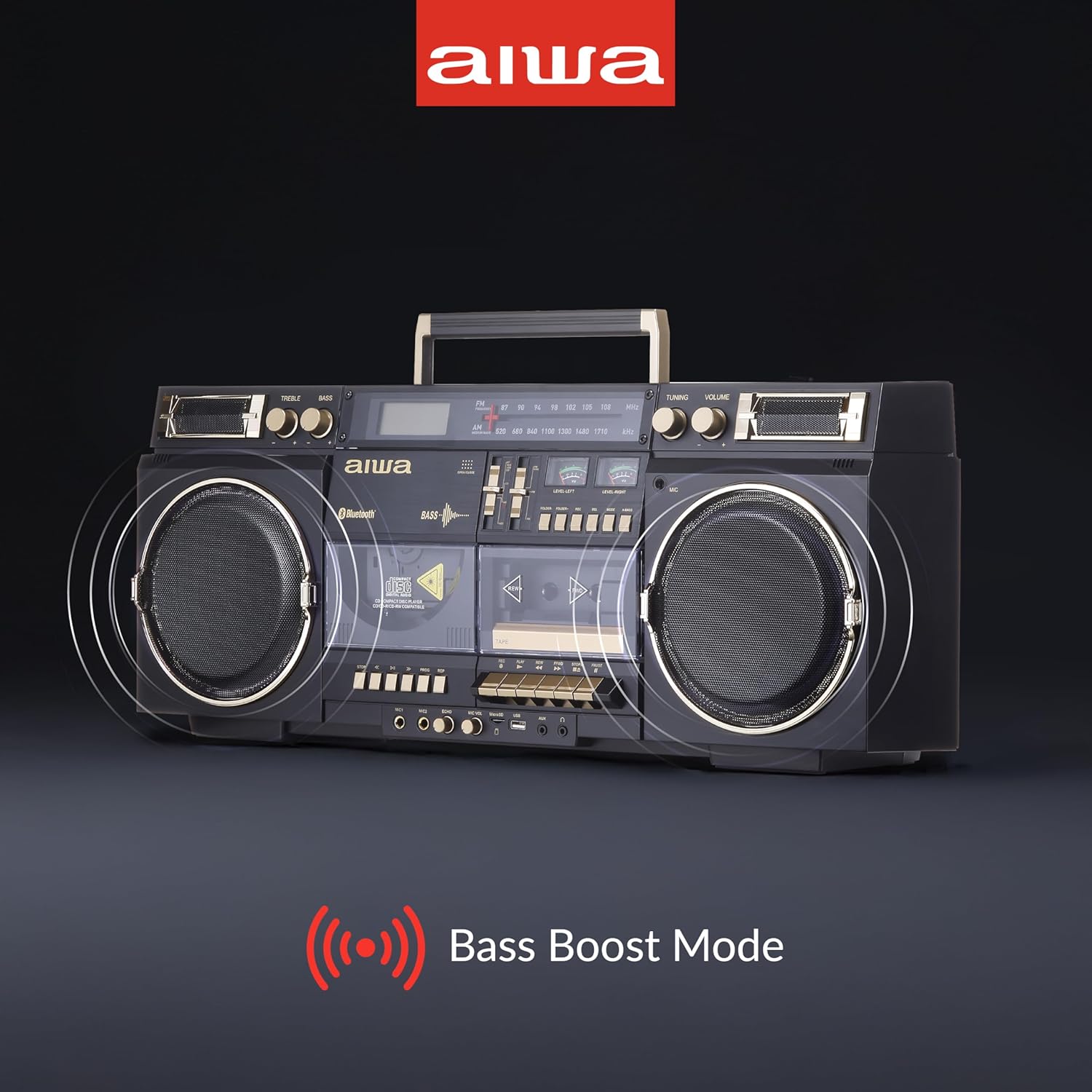 aiwa Retro Boombox BackTrack CD Player with Cassette Recording  Bluetooth 5.0  FM/AM Radio  USB/SD/AUX Inputs  VU Meters  LCD Display  Dual 40W Speakers (Black and Gold)