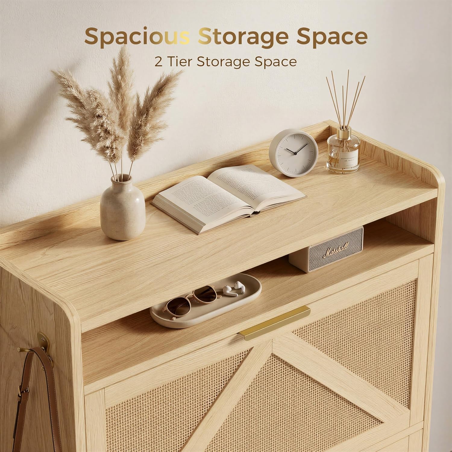 IRONCK Shoe Cabinet with 2 Flip Drawers, 48.3" H x 34.2" W x 10.2" D, Rattan Shoe Storage Organizer Cabinet with 4 Side Hooks, Free Standing Narrow Shoe Rack Cabinet for Entryway, Natural Oak