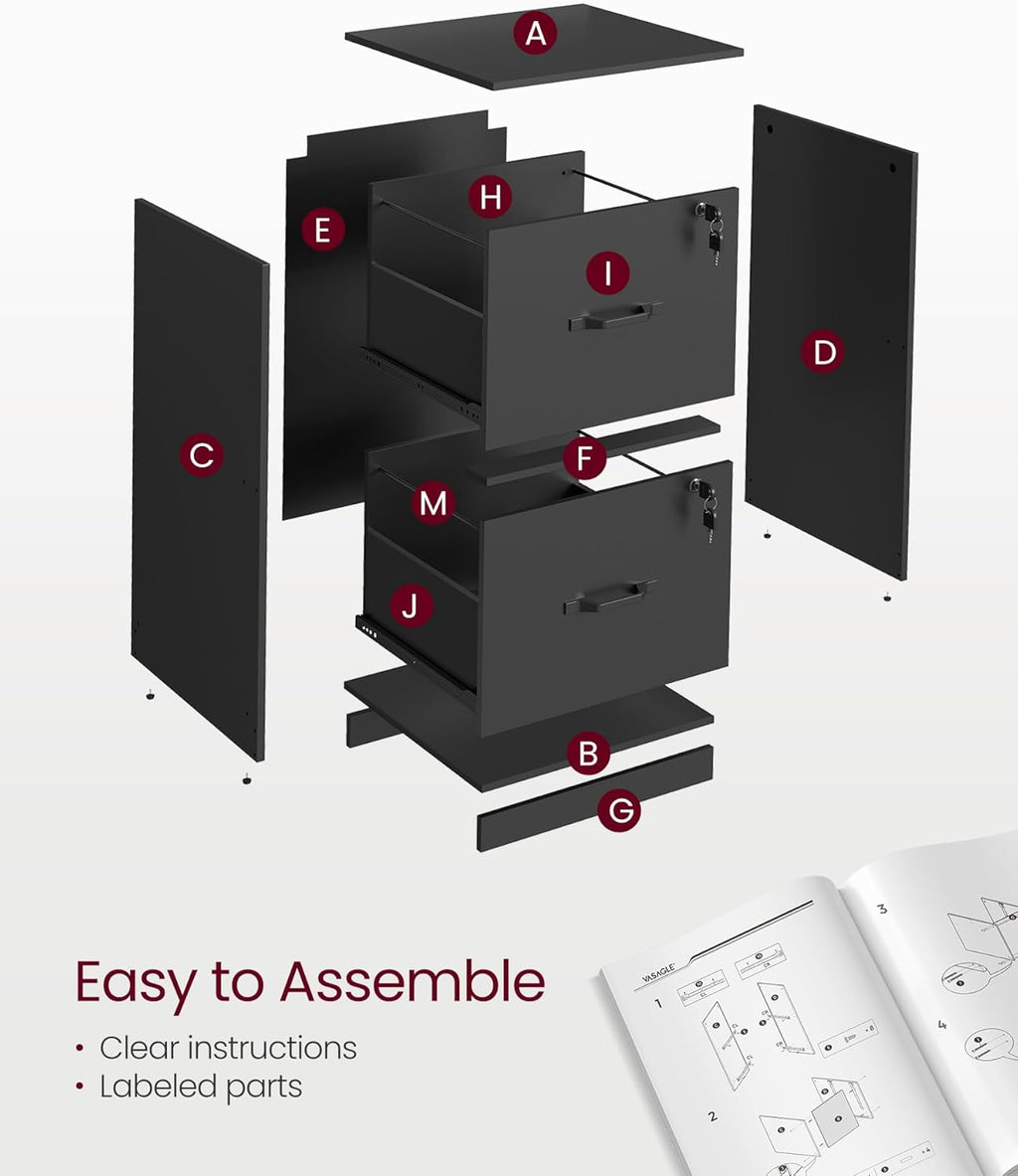 VASAGLE 2 Drawers File Cabinet with Lock, Printer Stand, Office Filing Cabinet Organizer, for A4 and Letter Size Documents, Ink Black UOFC061B16