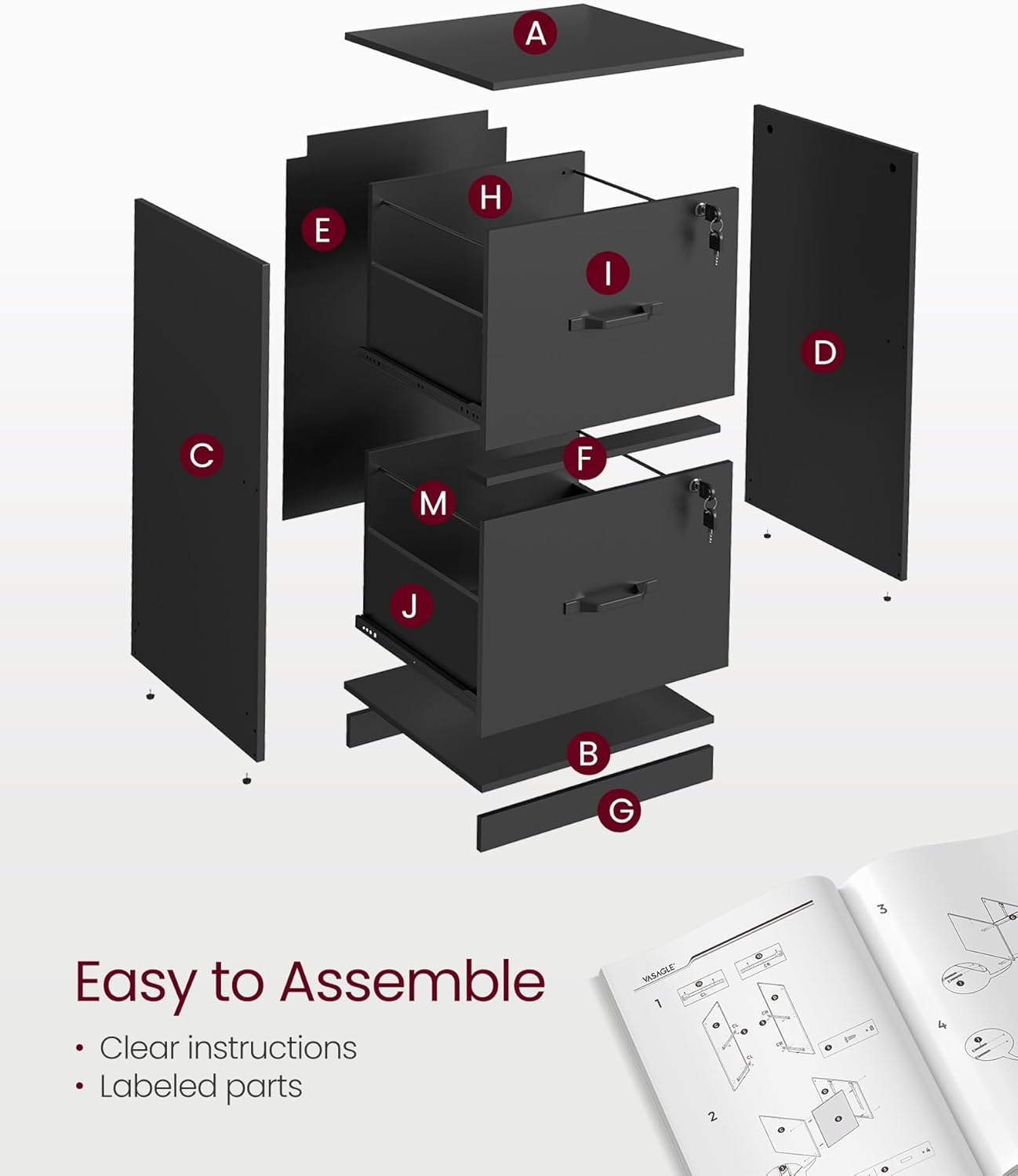 VASAGLE 2 Drawers File Cabinet with Lock, Printer Stand, Office Filing Cabinet Organizer, for A4 and Letter Size Documents, Ink Black UOFC061B16