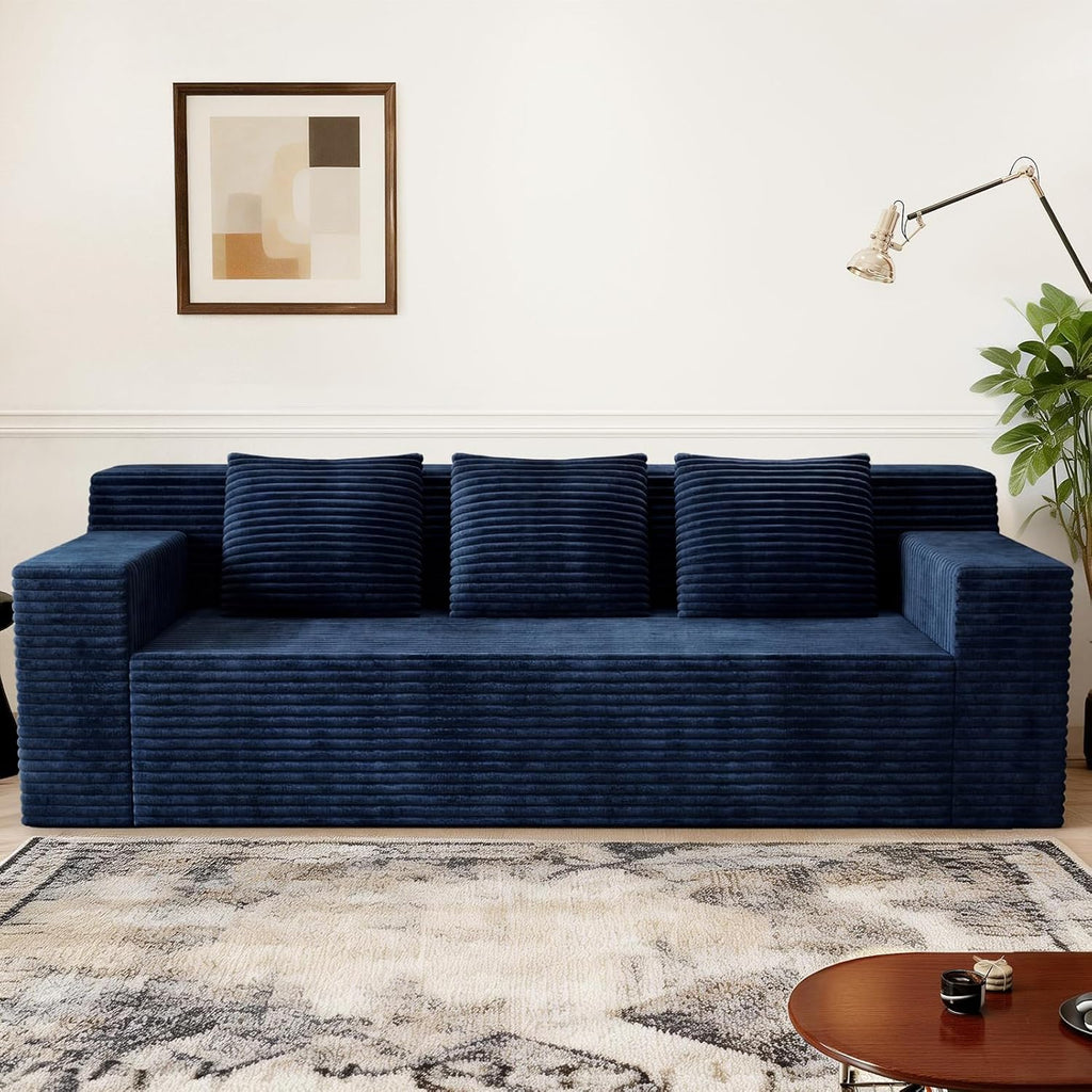 Kurhwyss 71" Corduroy Living Room Sofa, 3 Setaser Deep Seat Couch with 3 Lumbar Pillows, Comfy Boneless Sofa Modern Compressed Couch for Bedroom, Office, Apartment, No Assembly, Flat Armrests (Blue)