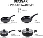 BECIGAR 8pcs Black Ceramic Pots and Pans Set, Cooking Pan Set,Cooking Pot Set Ceramic Pan Set, Nonstick Cookware Set, Induction Safe Kitchen Cooking Set with Frying Pans, Saucepans, shovel and Ladle