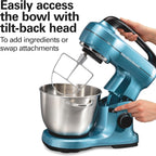 Hamilton Beach Electric Stand Mixer, 4 Quarts, Dough Hook, Flat Beater Attachments, Splash Guard, 7 Speeds with Whisk, Easy-Carry Top Handle, Blue