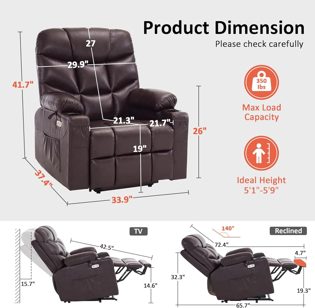 MCombo Power Lift Recliner Chair with Extended Footrest for Elderly People, Faux Leather 7287 (Dark Brown, Medium)