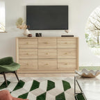 9 Drawer Dresser, Mid Century Modern Dresser with Storage, 55" Wide Chest of Drawers with Wood Grain Texture, Dressers TV Stand for Bedroom, Living Room, Hallway, White Oak