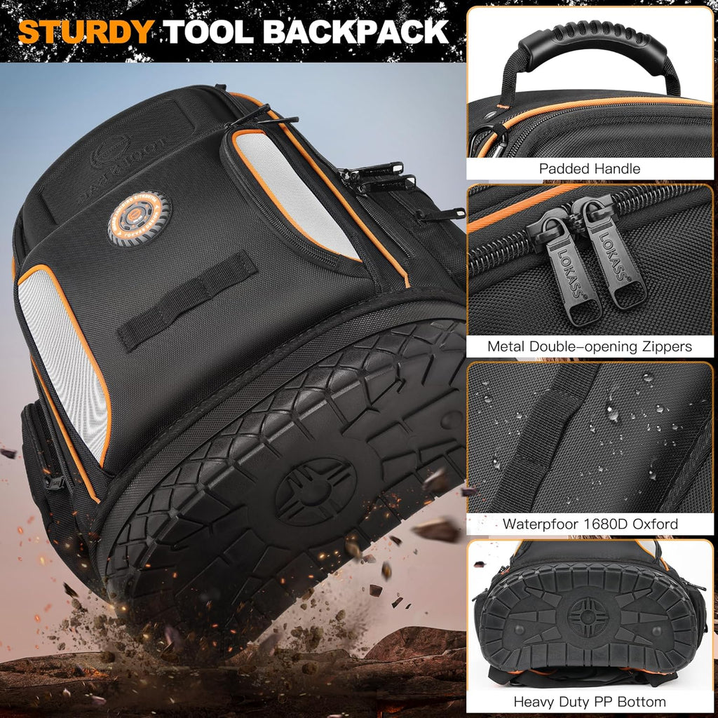 Tool Bag Backpack, 75 Pockets & Loops Heavy Duty Tools Organizer Bags/HVAC Tool Carrier for Eelectrician/Construction Work with Molded Base and Combination Lock, Large, Black and Orange