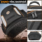 Tool Bag Backpack, 75 Pockets & Loops Heavy Duty Tools Organizer Bags/HVAC Tool Carrier for Eelectrician/Construction Work with Molded Base and Combination Lock, Large, Black and Orange