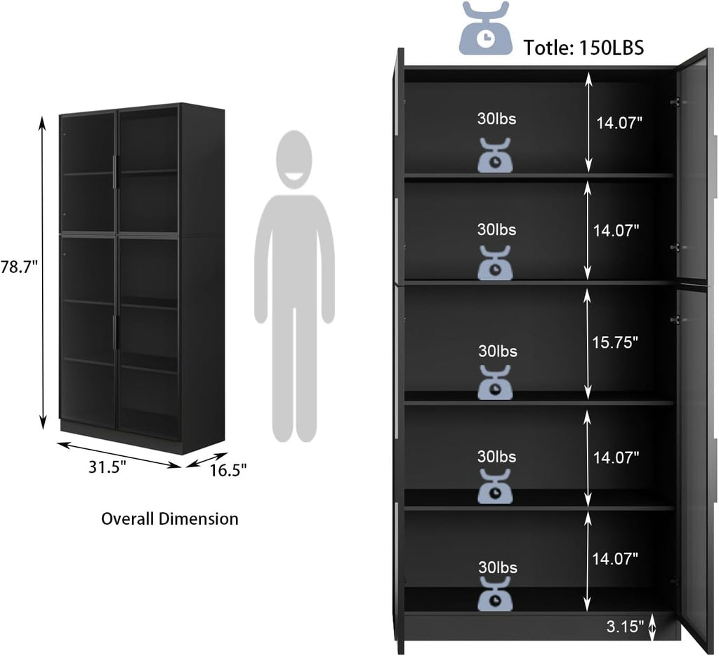 78.7" Display Cabinet with 4 Glass Doors, 5 -Tier Storage Cabinet with APP Control LED Lights, Tall Black Bookcase with Storage, Wooden Display Case for Collectible, Living Room, Office(Black)
