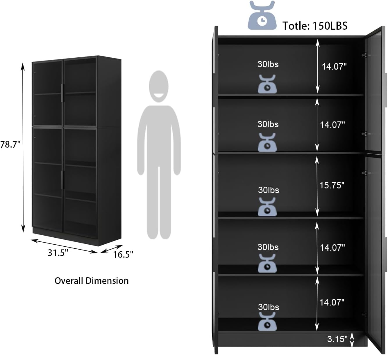 78.7" Display Cabinet with 4 Glass Doors, 5 -Tier Storage Cabinet with APP Control LED Lights, Tall Black Bookcase with Storage, Wooden Display Case for Collectible, Living Room, Office(Black)